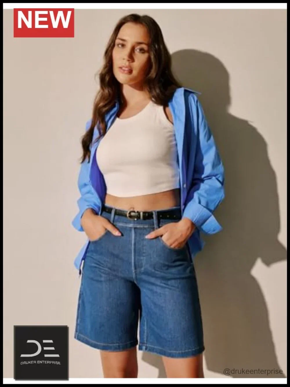 High Rise Stretchy Denim Bermuda Shorts Pull On Tummy Control Jorts